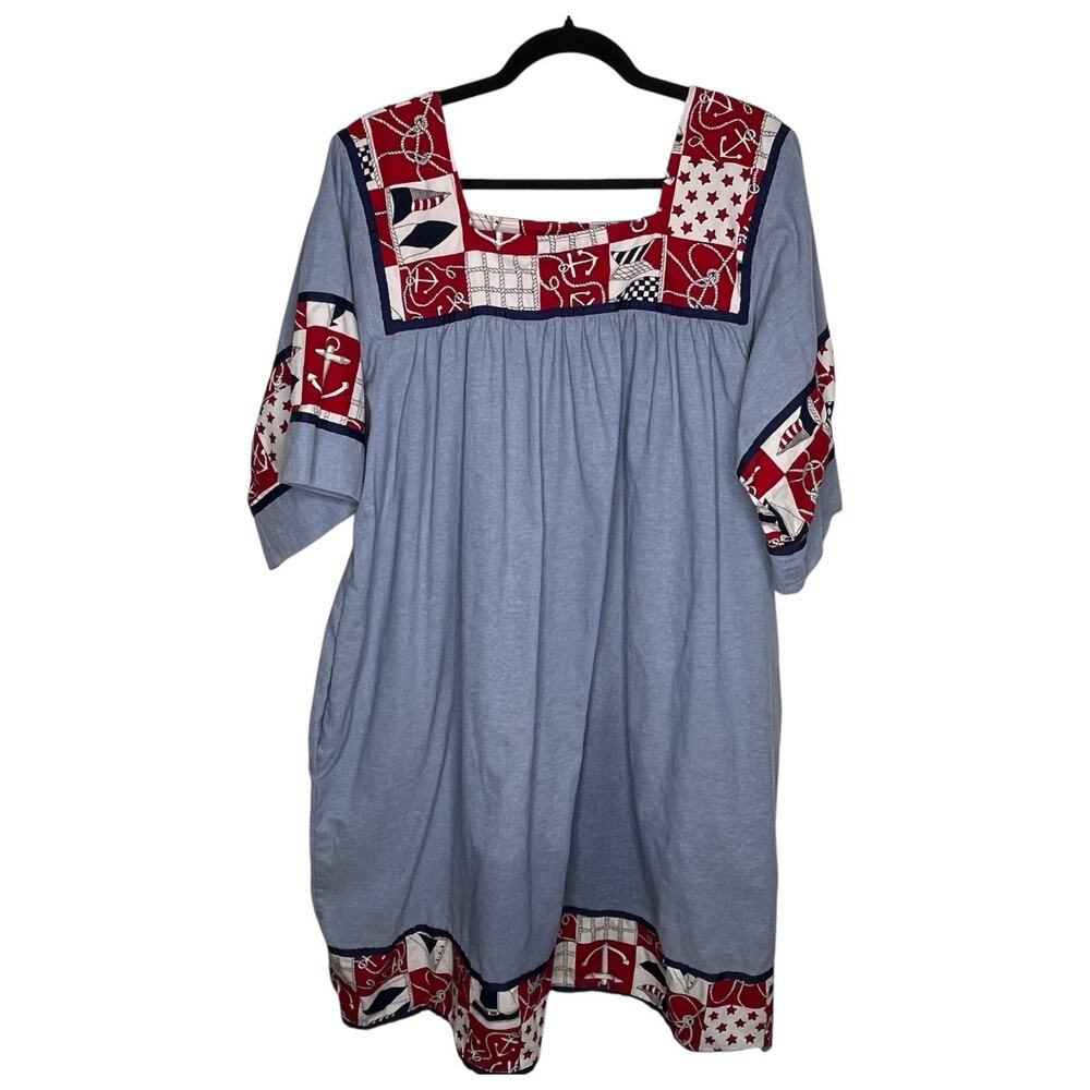 Vtg 70s Krist Gudnason Dress XL Nautical Anchor Patriotic US Flag Muumuu Kaftan - Picture 2 of 9